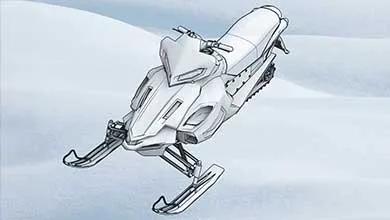 Outline drawing of a white snowmobile on a snowy landscape