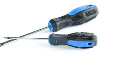 Two screwdrivers with black and blue textured handles crossed on a white background.