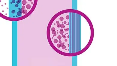 Abstract illustration of filtration: one magnified circle shows particles passing through a blue filter; another shows pink particles blocked by a multi-layered blue filter.