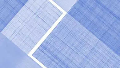 Abstract geometric design with diagonal blue blocks featuring a crosshatched texture, divided by a sharp white line.